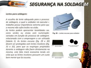 Lentes para soldagem:
A escolha da lente adequada para o processo
de soldagem, a qual o soldador irá executar o
trabalho possui importância extrema para que
o mesmo não sofra lesões na visão.
As lentes podem apresentar tonalidades nas
cores verdes ou cinzas com numerações
variadas em função do processo de soldagem,
relacionado com a amperagem a ser utilizada
(tabela 1). As lentes escuras (fig. 29 e 30)
devem ser protegidas com lentes incolores (fig.
31 e 32), para que os respingos projetados
durante a soldagem não fixem diretamente na
mesma, este fato trará economia tendo em
vista que as lentes incolores possuem um custo
bem menor que às escuras.
Soldagem&Brasagem
SEGURANÇA NA SOLDAGEM
 