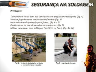 Precauções:
Trabalhar em locais com boa ventilação sem prejudicar a soldagem; (fig. 4)
Ventilar forçadamente ambientes confinados; (fig. 5)
Usar máscaras de proteção para fumos; (fig. 6 e 7)
Posicionar-se de maneira a não inalar os fumos; (fig. 8)
Utilizar exaustores para soldagem (portáteis ou fixos). (fig. 9 e 10)
Soldagem&Brasagem
SEGURANÇA NA SOLDAGEM
 
