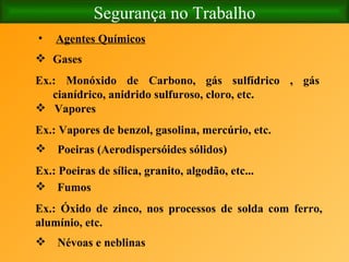 Segurança no Trabalho Agentes Químicos Gases Ex.: Monóxido de Carbono, gás sulfídrico , gás cianídrico, anidrido sulfuroso, cloro, etc.   Vapores Ex.: Vapores de benzol, gasolina, mercúrio, etc. Poeiras (Aerodispersóides sólidos) Ex.: Poeiras de sílica, granito, algodão, etc... Fumos Ex.: Óxido de zinco, nos processos de solda com ferro, alumínio, etc. Névoas e neblinas 