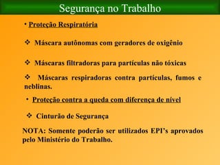Segurança no Trabalho Máscara autônomas com geradores de oxigênio Máscaras filtradoras para partículas não tóxicas   Proteção Respiratória   Máscaras respiradoras contra partículas, fumos e neblinas. Proteção contra a queda com diferença de nível     NOTA: Somente poderão ser utilizados EPI’s aprovados pelo Ministério do Trabalho.   Cinturão de Segurança   
