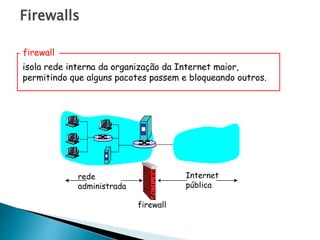 Firewalls
isola rede interna da organização da Internet maior,
permitindo que alguns pacotes passem e bloqueando outros.
firewall
rede
administrada
Internet
pública
firewall
 