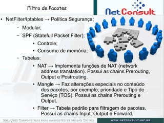 Filtro de Pacotes
● NetFilter/Iptables → Política Segurança;
– Modular;
– SPF (Statefull Packet Filter);
● Controle;
● Consumo de memória;
– Tabelas:
● NAT → Implementa funções de NAT (network
address translation). Possui as chains Prerouting,
Output e Postrouting.
● Mangle → Faz alterações especiais no conteúdo
dos pacotes, por exemplo, prioridade e Tipo de
Serviço (TOS). Possui as chains Prerouting e
Output.
● Filter → Tabela padrão para filtragem de pacotes.
Possui as chains Input, Output e Forward.
 