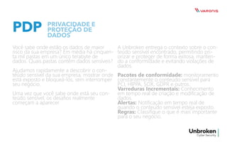 PDP
Você sabe onde estão os dados de maior
risco da sua empresa? Em média há cinquen-
ta mil pastas em um único terabyte de
dados. Quais pastas contêm dados sensíveis?
Ajudamos rapidamente a descobrir o con-
teúdo sensível da sua empresa, mostrar onde
está exposto e bloqueá-los, sem interromper
seu negócio.
Uma vez que você sabe onde está seu con-
teúdo sensível, os desafios realmente
começam a aparecer.
A Unbroken entrega o contexto sobre o con-
teúdo sensível encontrado, permitindo pri-
orizar e proteger de forma exitosa, manten-
do a conformidade e evitando violações de
dados.
Pacotes de conformidade: monitoramento
constantemente o conteúdo sensível para
PCI, HIPPA, SOX, GDPR e outros.
Varreduras Incrementais: Conhecimento
em tempo real de criação e modificação de
dados.
Alertas: Notificação em tempo real de
quando o conteúdo sensível esteja exposto.
Regras: Classifique o que é mais importante
para o seu negócio.
PRIVACIDADE E
PROTEÇÃO DE
DADOS
 