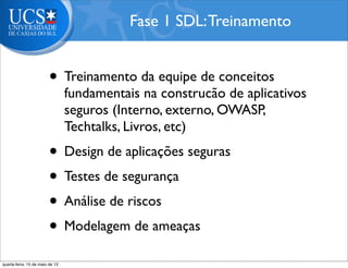 • Treinamento da equipe de conceitos
fundamentais na construcão de aplicativos
seguros (Interno, externo, OWASP,
Techtalks, Livros, etc)
• Design de aplicações seguras
• Testes de segurança
• Análise de riscos
• Modelagem de ameaças
Fase 1 SDL:Treinamento
quarta-feira, 15 de maio de 13
 