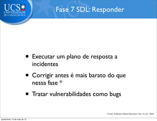 • Executar um plano de resposta a
incidentes
• Corrigir antes é mais barato do que
nessa fase *
• Tratar vulnerabilidades como bugs
Fase 7 SDL: Responder
* Fonte: Software Defect Reduction Top 10 List - IEEE
quarta-feira, 15 de maio de 13
 