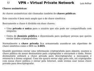 12       VPN – Virtual Private Network                             Luiz Arthur

Chaves assimétricas

As chaves assimétricas são chamadas também de chaves públicas.

Este conceito é bem mais amplo que o de chave simétrica.

Basicamente a chave é dividida em duas chaves:

 ●   Uma privada e unica para o usuário que não pode ser compartilhada com
     ninguém;

 ●   Outra de domínio público e disseminada para qualquer pessoa que queira
     enviar dados criptografados.

Normalmente a chave privada fica armazenada usando-se um algoritmo de
chave simétrica como o DES ou 3-DES.

Quando queremos enviar uma informação criptografada para alguém, usamos a
chave pública do nosso destinatário para criptografar e enviarmos o dado. Nosso
destinatário utilizará a chave privada para descriptografar a mensagem e
retorná-la à forma original. Caso ele queira enviar algo para nós, irá criptografas
com nossa chave pública e enviar pela Internet, onde iremos usar nossa chave
privada para descriptografar.
 