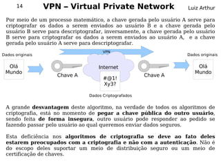 14         VPN – Virtual Private Network                      Luiz Arthur

 Por meio de um processo matemático, a chave gerada pelo usuário A serve para
 criptografar os dados a serem enviados ao usuário B e a chave gerada pelo
 usuário B serve para descriptografar, inversamente, a chave gerada pelo usuário
 B serve para criptografar os dados a serem enviados ao usuário A, e a chave
 gerada pelo usuário A serve para descriptografar.
                                      VPN
Dados originais                                                      Dados originais


  Olá                               Internet                             Olá
 Mundo                                                                  Mundo
                     Chave A                           Chave A
                                      #@1!
                                      Xy3?

                                Dados Criptografados


 A grande desvantagem deste algoritmo, na verdade de todos os algoritmos de
 criptografia, está no momento de pegar a chave pública do outro usuário,
 sendo feita de forma insegura, outro usuário pode responder ao pedido se
 fazendo passar pelo usuário ao qual queremos enviar dados seguros.

 Esta deficiência nos algoritmos de criptografia se deve ao fato deles
 estarem preocupados com a criptografia e não com a autenticação. Não é
 do escopo deles suportar um meio de distribuição seguro ou um meio de
 certificação de chaves.
 