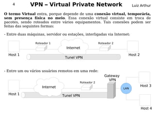 4         VPN – Virtual Private Network                                Luiz Arthur

O termo Virtual entra, porque depende de uma conexão virtual, temporária,
sem presença física no meio. Essa conexão virtual consiste em troca de
pacotes, sendo roteados entre vários equipamentos. Tais conexões podem ser
feitas das seguintes formas:

- Entre duas máquinas, servidor ou estações, interligadas via Internet:

                 Roteador 1                            Roteador 2
                                   Internet
  Host 1                                                               Host 2
                                  Tunel VPN


- Entre um ou vários usuários remotos em uma rede:
                                                           Gateway
                                                             VPN
                                          Roteador 2
                     Internet                                                   Host 3
                                                                     LAN

  Host 1                        Tunel VPN


                                                                                Host 4
 