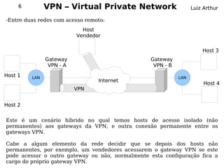 6         VPN – Virtual Private Network                      Luiz Arthur

-Entre duas redes com acesso remoto:
                            Host
                          Vendedor

                                                                      Host 3
               Gateway                           Gateway
                VPN - A                           VPN - B
Host 1   LAN                                                LAN
                                 Internet
                                                                       Host 4
                          VPN


Host 2


Este é um cenário híbrido no qual temos hosts de acesso isolado (não
permanentes) aos gateways da VPN, e outra conexão permanente entre os
gateways VPN.

Cabe a algum elemento da rede decidir que se depois dos hosts não
permanentes, por exemplo, um vendedores acessarem o gateway VPN se este
pode acessar o outro gateway ou não, normalmente esta configuração fica a
cargo do próprio gateway VPN.
 