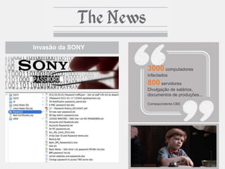 Invasão da SONY
3000 computadores
infectados
800 servidores
Divulgação de salários,
documentos de produções...
Correspondente CBS
 