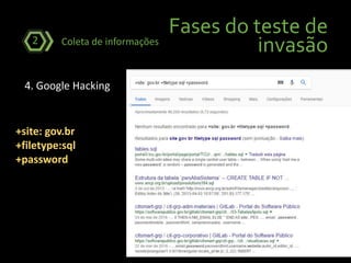 Fases do teste de
invasãoColeta de informações2
4. Google Hacking
+site: gov.br
+filetype:sql
+password
 