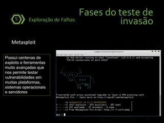 Fases do teste de
invasãoExploração de Falhas5
Metasploit
Possui centenas de
exploits e ferramentas
muito avançadas que
nos permite testar
vulnerabilidades em
muitas plataformas,
sistemas operacionais
e servidores
 