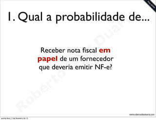 1. Qual a probabilidade te
                              de...
                                                                  a r
                                                             u
                                                           D
                                       papel de um ia
                                                        s
                                        Receber nota ﬁscal em
                                                    fornecedor
                                                 D
                                       que deveria emitir NF-e?

                                            t o
                                         e r
                                     o b
                        R
quinta-feira, 2 de fevereiro de 12
                                                                        www.robertodiasduarte.com
 