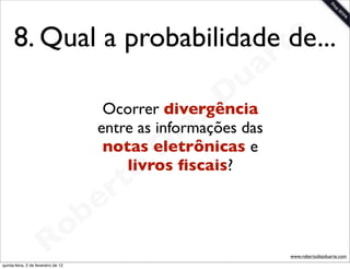 8. Qual a probabilidade te
                              de...
                                                            a r
                                                            u
                                                         D
                                                       s das
                                        Ocorrer divergência
                                                      a e
                                                    i
                                       entre as informações
                                                 Dﬁscais?
                                        notas eletrônicas
                                             o
                                           livros
                                           t
                                       e r
                          o          b
                        R
quinta-feira, 2 de fevereiro de 12
                                                                  www.robertodiasduarte.com
 