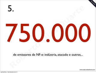 5.                                                      t e
                                                                   a r
                                                             u
       750.000                               rt o
                                                    D
                                                     i as
                                                            D


                                           e
                         de emissores de NF-e: indústria, atacado e outros...
                                       b
                        R            o
                                                                          www.robertodiasduarte.com
quinta-feira, 2 de fevereiro de 12
 