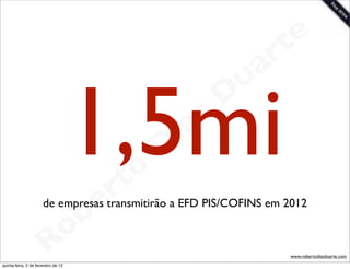 t e
                                                                 a r
                                                             u
                                     1,5mi   rt o
                                                    D
                                                     i as
                                                            D


                                       b   e
                      de empresas transmitirão a EFD PIS/COFINS em 2012


                        R            o
                                                                    www.robertodiasduarte.com
quinta-feira, 2 de fevereiro de 12
 