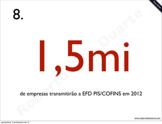 8.                                                    t e
                                                                 a r
                                                             u
                                     1,5mi   rt o
                                                    D
                                                     i as
                                                            D


                                       b   e
                      de empresas transmitirão a EFD PIS/COFINS em 2012


                        R            o
                                                                    www.robertodiasduarte.com
quinta-feira, 2 de fevereiro de 12
 