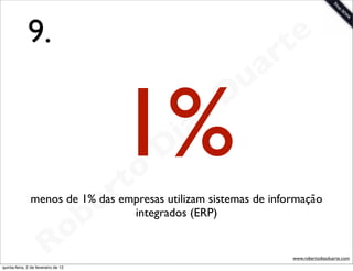 9.                                                    t e
                                                                 a r
                                                             u
                                             1%
                                             rt o
                                                    D
                                                     i as
                                                            D


                                       b   e
               menos de 1% das empresas utilizam sistemas de informação
                                 integrados (ERP)


                        R            o
                                                                    www.robertodiasduarte.com
quinta-feira, 2 de fevereiro de 12
 