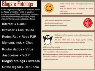 Internet ● E-mail Browser ● Lan House Redes Rel. ● Rede P2P Justiceiros ● VOIP Mensag. Inst. ● Chat Roubo dados ● Vírus Blogs/Fotologs  ● Invasão Crime digital ● Denúncia É um registro divulgado na internet, como se fosse um diário, onde o usuário escreve suas idéias, angústias, desejos, abre tópicos de discussão etc. Pode incluir informações pessoais e fotos. 