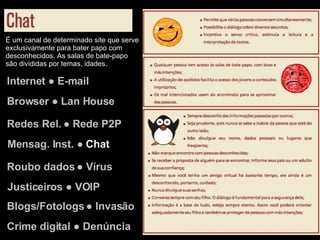 Internet ● E-mail Browser ● Lan House Redes Rel. ● Rede P2P Justiceiros ● VOIP Mensag. Inst. ●  Chat Roubo dados ● Vírus Blogs/Fotologs ● Invasão Crime digital ● Denúncia É um canal de determinado site que serve exclusivamente para bater papo com desconhecidos. As salas de bate-papo são divididas por temas, idades. 