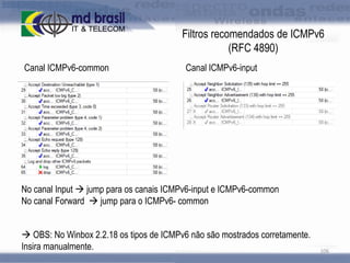 Filtros recomendados de ICMPv6
(RFC 4890)
Canal ICMPv6-common

Canal ICMPv6-input

No canal Input  jump para os canais ICMPv6-input e ICMPv6-common
No canal Forward  jump para o ICMPv6- common
 OBS: No Winbox 2.2.18 os tipos de ICMPv6 não são mostrados corretamente.
Insira manualmente.

106

 