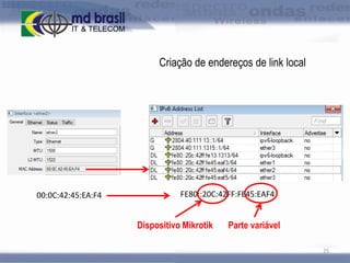 Criação de endereços de link local

00:0C:42:45:EA:F4

FE80::20C:42FF:FE45:EAF4

Dispositivo Mikrotik

Parte variável
25

 