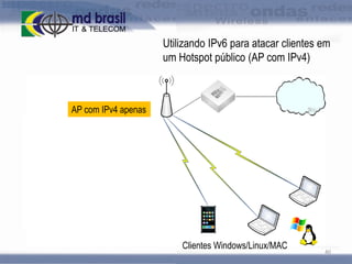 Utilizando IPv6 para atacar clientes em
um Hotspot público (AP com IPv4)

AP com IPv4 apenas

Clientes Windows/Linux/MAC

40

 