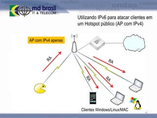 Utilizando IPv6 para atacar clientes em
um Hotspot público (AP com IPv4)
AP com IPv4 apenas

Clientes Windows/Linux/MAC

42

 