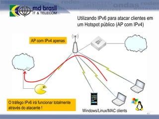 Utilizando IPv6 para atacar clientes em
um Hotspot público (AP com IPv4)
AP com IPv4 apenas

O tráfego IPv6 irá funcionar totalmente
através do atacante !

Windows/Linux/MAC clients

43

 