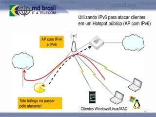 Utilizando IPv6 para atacar clientes
em um Hotspot público (AP com IPv6)
AP com IPv4
e IPv6

Toto tráfego irá passer
pelo atacante!

Clientes Windows/Linux/MAC

45

 