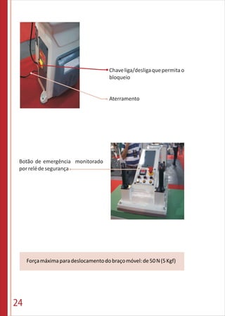 24
Chaveliga/desligaquepermitao
bloqueio
Aterramento
Forçamáximaparadeslocamentodobraçomóvel:de50N(5Kgf)
Botão de emergência monitorado
porrelédesegurança
 