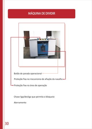 30
MÁQUINA DE DIVIDIR
Botão de parada operacional
Proteção fixa no mecanismo de afiação da navalha
Proteção fixa na área de operação
Chave liga/desliga que permita o bloqueio
Aterramento
 