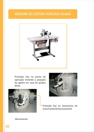 40
MÁQUINA DE COSTURA OVERLOCK (Strobel)
Aterramento
Proteção fixa no ponto de
operação evitando a projeção
da agulha em caso de quebra
desta
Proteção fixa no mecanismo de
transmissãodeforça(volante)
 