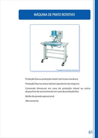 61
MÁQUINA DE PRATO ROTATIVO
Proteçãofixaouproteçãomóvelcomtravamecânica
Proteçãofixanasáreaslateraiseposteriordamáquina
Comando bimanual em caso de proteção móvel ou outro
dispositivodeacionamentoemcasodeproteçãofixa
Botãodeparadaoperacional
Aterramento
* Fotografia meramente ilustrativa
 