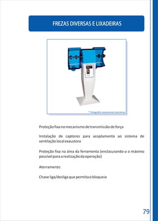 79
FREZAS DIVERSAS E LIXADEIRAS
Proteçãofixanomecanismodetransmissãodeforça
Instalação de captores para acoplamento ao sistema de
ventilaçãolocalexaustora
Proteção fixa na área da ferramenta (enclasurando-a o máximo
possívelparaarealizaçãodaoperação)
Aterramento
Chaveliga/desligaquepermitaobloqueio
* Fotografia meramente ilustrativa
 