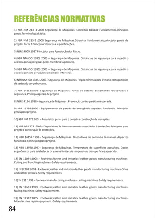 1) NBR NM 213 -1:2000 Segurança de Máquinas: Conceitos Básicos, Fundamentos,princípios
gerais.TerminologiaBásica.
2) NBR NM 213-2 :2000 Segurança de Máquinas.Conceitos fundamentais,princípios gerais de
projeto.Parte2PrincípiosTécnicoseespecificações.
3)NBR14009:1997PrincípiosparaApreciaçãodosRiscos.
4) NBR NM-ISO 13852:2003 – Segurança de Máquinas. Distâncias de Segurança para impedir o
acessoazonasperigosaspelosmembrossuperiores.
5) NBR NM-ISO 13853:2003 – Segurança de Máquinas. Distâncias de Segurança para impedir o
acessoazonadeperigopelosmembrosinferiores.
6) NBR NM-ISO 13854:2003 - Segurança de Máquinas. Folgas mínimas para evitar o esmagamento
departesdocorpohumano.
7) NBR 14153:1998– Segurança de Máquinas. Partes do sistema de comando relacionadas à
segurança.Princípiosgeraisdeprojeto.
8)NBR14154:1998–SegurançadeMáquinas.Prevençãocontrapartidainesperada.
9) NBR 13759:1996 – Equipamentos de parada de emergência.Aspectos funcionais. Princípios
geraisparaprojeto.
10)NBRNM272:2001–Requisitosgeraisparaoprojetoeconstruçãodeproteções.
11) NBR NM 273 :2001– Dispositivos de intertravamento associados à proteções-Princípios para
projetoeconstruçãodeproteções.
12) NBR 14152:1998 – Segurança de Máquinas. Dispositivos de comando bi-manual. Aspectos
funcionaiseprincípiosparaprojeto.
13) NBR 13970:1997– Segurança de Máquinas. Temperatura de superfícies acessíveis. Dados
ergonômicosparaestabelecerosvaloreslimitesdetemperaturadesuperfíciesaquecidas.
14) EN 12044:2005 – Footwear,leather and imitation leather goods manufacturing machines-
CuttingandPunchingmachines-Safetyrequirements.
15) EN12203:2003 - Footwear,leather and imitation leather goods manufacturing machines- Shoe
andleatherpresses-Safetyrequirements.
16)EN931:1997–Footwearmanufacturingmachines-Lastingmachines-Safetyrequirements.
17) EN 12653:1999 - Footwear,leather and imitation leather goods manufacturing machines-
Nailingmachines-Safetyrequirements.
18) EN 12387:2005 - Footwear,leather and imitation leather goods manufacturing machines-
Modularshoerepairequipment-Safetyrequirements.
84
REFERÊNCIAS NORMATIVAS
 
