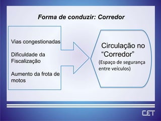 Forma de conduzirForma de conduzir: CorredorVias congestionadasDificuldade daFiscalizaçãoAumento da frota demotosCirculação no         “Corredor”(Espaço de segurança entre veículos)