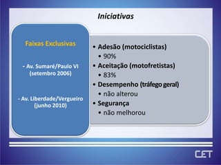 Vias mais perigosas para motocicletas(acidentes fatais e com vítimas)- Corredores de Transporte (periferia)- Corredores de Transporte de carga- Trechos iniciais de rodoviasCausa:compartilhar pista com veículos de grande porte, circulando no corredor 