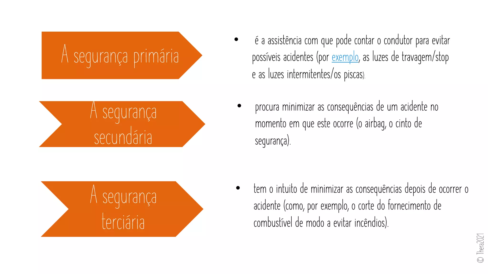 A segurança primária
A segurança
secundária
A segurança
terciária
• tem o intuito de minimizar as consequências depois de ocorrer o
acidente (como, por exemplo, o corte do fornecimento de
combustível de modo a evitar incêndios).
• procura minimizar as consequências de um acidente no
momento em que este ocorre (o airbag, o cinto de
segurança).
• é a assistência com que pode contar o condutor para evitar
possíveis acidentes (por exemplo, as luzes de travagem/stop
e as luzes intermitentes/os piscas).
©
Thera2021