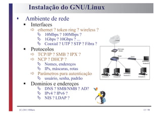 Instalação do GNU/Linux
s
       § ð ethernet ? token ring ? wireless ?
         Ambiente de rede
         Interfaces
            Ä
                     Ä
                         10Mbps ? 100Mbps ?

                     Ä
                         1Gbps ? 10Gbps ? ...

       § ð TCP/IP ? SMB ? IPX ?
                         Coaxial ? UTP ? STP ? Fibra ?
         Protocolos
         ð NCP ? DHCP ?
               Ä Nomes, endereços
               Ä IPs, máscaras, rotas
             ð Ä usuário, senha,autenticação
               Parâmetros para

       §
                                 padrão
             Dominios e endereços
               Ä DNS ? SMB/NMB ? AD?
               Ä IPv4 ? IPv6 ?
               Ä NIS ? LDAP ?
    (C) 2011 HMarx                                       13 / 98
 