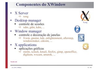 Componentes do XWindow

s X Server
              ð      xorg
s Desktop manager
       § ð xdm, gdm, kdm, ...
    controle de sessões
                                                                        X.org



s
       § ð fvwm,egnome, kde, enlightenment, afterstep,
       Window manager
         controle decoração de janelas
                     windowmaker, cdesim, ...
s X applications
       § ð
    aplicações gráficas
                     xterm, xclock, kmail, firefox, gimp, openoffice,
                     digikam, wxcam, amarok, ...

locate ent


    (C) 2011 HMarx                                                              32 / 98
 
