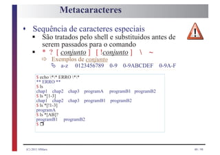 Metacaracteres
s Sequência de caracteres especiais
    §
    São tratados pelo shell e substituidos antes de

    § ð Exemplos de conjunto
    serem passados para o comando
    * ? [ conjunto ] [ !conjunto ]  ~
        Ä         a-z   0123456789   0-9   0-9ABCDEF    0-9A-F
       $ echo ** ERRO **
       ** ERRO **
       $ ls
       chap1 chap2 chap3 programA programB1 programB2
       $ ls *[1-3]
       chap1 chap2 chap3 programB1 programB2
       $ ls *[!1-3]
       programA
       $ ls *[AB]?

         r
       programB1 programB2
       $




 (C) 2011 HMarx                                                  40 / 98
 