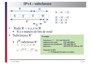 IPv4 - subclasses
                 R                        H
                                                             R + H = 32
        x             y        z              w              R’ + H’ = 32
                                                             R’ = R + N
                          R’                   H’            H’ = H - N
                                      N
s
      §
        Rede R = x.y.z.w/R
             R é o número de bits de netid
s Subclasses R’                               Exemplo

      § ð    2N subclasses R’
                     x’.y’.z’.w’/R’
                                               Subclasse C’: 192.168.200.0/28
                                               endereço de rede:      192.168.200.0
                                               endereço de broadcast: 192.168.200.15
                                               máscara :              255.255.255.240 ou /28

             ð       2H-N = 2H’ IPs            Total de 16 IPs
                                                     ⇒ 14 disponíveis para os nodos



    (C) 2011 HMarx                                                                       53 / 98
 
