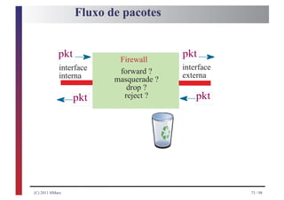Fluxo de pacotes


            pkt           Firewall
                                        pkt
            interface                   interface
                          forward ?     externa
            interna      masquerade ?
                            drop ?
                  pkt      reject ?         pkt




(C) 2011 HMarx                                      73 / 98
 