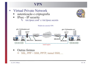 VPN
s Virtual Private Network
    §
    §
    autenticação e criptografia
    IPsec - IP security
                  Ä   /etc/ipsec.conf e /etc/ipsec.secrets

                                   Modelo de conexão VPN




                                         tunel seguro


    § ð SSL,formasSSH, PPTP, tunnel SSH, ...
      Outras
             PPP +


 (C) 2011 HMarx                                              89 / 98
 