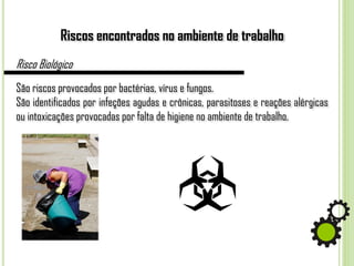 Riscos encontrados no ambiente de trabalho
Risco Biológico
São riscos provocados por bactérias, vírus e fungos.
São identificados por infeções agudas e crônicas, parasitoses e reações alérgicas
ou intoxicações provocadas por falta de higiene no ambiente de trabalho.
 