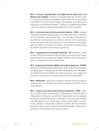 NR 4 – Serviços especializados em Engenharia de Segurança e em
Medicina do Trabalho: Estabelece a obrigatoriedade das empresas públi-
cas e privadas que possuam empregados regidos pela CLT, de organizarem
e manterem em funcionamento Serviços Especializados em Engenharia de
Segurança e em Medicina do Trabalho – SESMT com a finalidade de promover
a saúde e proteger a integridade do trabalhador no local de trabalho.
NR 5 – Comissão Interna de Prevenção de Acidentes – CIPA: Estabelece
a obrigatoriedade das empresas públicas e privadas organizarem e manterem
em funcionamento, por estabelecimento, uma comissão constituída exclu-
sivamente por empregados com o objetivo de prevenir infortúnios laborais,
através da apresentação de sugestões e recomendações ao empregador,
para que melhore as condições de trabalho, eliminando as possíveis causas
de acidentes do trabalho e de doenças ocupacionais.
NR 6 – Equipamentos de Proteção Individual – EPI: Estabelece e define
os tipos de EPI a que as empresas estão obrigadas a fornecer aos seus empre-
gados, sempre que as condições de trabalho exigirem, a fim de resguardar a
saúde e a integridade física dos trabalhadores.
NR 7 – Programas de Controle Médico de Saúde Ocupacional – PCMSO:
Estabelece a obrigatoriedade de elaboração e implantação por parte de todos
os empregadores e instituições que admitam trabalhadores como empregados,
do Programa de Controle Médico de Saúde Ocupacional, com o objetivo de
promoção e preservação da saúde do conjunto dos seus trabalhadores.
NR 8 – Edificações: Dispõe sobre os requisitos técnicos mínimos que devem
ser observados nas edificações para garantir segurança e conforto aos que
nelas trabalham.
NR 9 – Programas de Prevenção de Riscos Ambientais – PPRA: Estabe-
lece a obrigatoriedade de elaboração e implantação por parte de todos os
empregadores e instituições que admitam trabalhadores como empregados
do Programa de Prevenção de Riscos Ambientais. Visa à preservação da saúde
e da integridade física dos trabalhadores, através da antecipação, reconheci-
mento, avaliação e conseqüente controle da ocorrência de riscos ambientais
existentes ou que venham a existir no ambiente de trabalho, considerando a
proteção do meio ambiente e dos recursos naturais.
Segurança do Trabalhoe-Tec Brasil 30
 