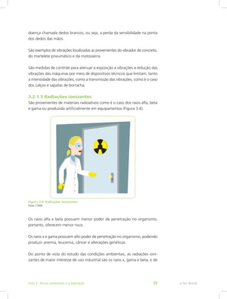 doença chamada dedos brancos, ou seja, a perda da sensibilidade na ponta
dos dedos das mãos.
São exemplos de vibrações localizadas as provenientes do vibrador de concreto,
do martelete pneumático e da motosserra.
São medidas de controle para atenuar a exposição a vibrações a redução das
vibrações das máquinas por meio de dispositivos técnicos que limitam, tanto
a intensidade das vibrações, como a transmissão das vibrações, como é o caso
dos calços e sapatas de borracha.
3.2.1.5 Radiações ionizantes
São provenientes de materiais radioativos como é o caso dos raios alfa, beta
e gama ou produzida artificialmente em equipamentos (Figura 3.4).
Figura 3.4: Radiações ionizantes
Fonte: CTISM
Os raios alfa e beta possuem menor poder de penetração no organismo,
portanto, oferecem menor risco.
Os raios x e gama possuem alto poder de penetração no organismo, podendo
produzir anemia, leucemia, câncer e alterações genéticas.
Do ponto de vista do estudo das condições ambientais, as radiações ioni-
zantes de maior interesse de uso industrial são os raios x, gama e beta, e de
e-Tec BrasilAula 3 - Riscos ambientais e a legislação 39
 