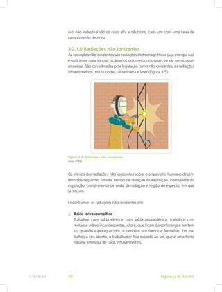 uso não industrial são os raios alfa e nêutrons, cada um com uma faixa de
comprimento de onda.
3.2.1.6 Radiações não ionizantes
As radiações não ionizantes são radiações eletromagnéticas cuja energia não
é suficiente para ionizar os átomos dos meios nos quais incide ou os quais
atravessa. São consideradas pela legislação como não ionizantes, as radiações
infravermelhos, micro ondas, ultravioleta e laser (Figura 3.5).
Figura 3.5: Radiações não ionizantes
Fonte: CTISM
Os efeitos das radiações não ionizantes sobre o organismo humano depen-
dem dos seguintes fatores: tempo de duração da exposição, intensidade da
exposição, comprimento de onda da radiação e região do espectro em que
se situam.
Encontramos as radiações não ionizantes em:
a)	 Raios infravermelhos							
Trabalhos com solda elétrica, com solda oxiacetilênica, trabalhos com
metais e vidros incandescentes, isto é, que ficam da cor laranja e emitem
luz quando superaquecidos; e também nos fornos e fornalhas. Em tra-
balhos a céu aberto, o trabalhador fica exposto ao sol, que é uma fonte
natural emissora de raios infravermelhos.
Segurança do Trabalhoe-Tec Brasil 40
 