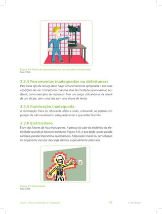 Figura 3.8: Ponto de agarramento em uma furadeira de bancada
Fonte: CTISM
3.3.4 Ferramentas inadequadas ou defeituosas
Para cada tipo de serviço deve haver uma ferramenta apropriada e em boas
condições de uso. O improviso cria uma série de condições que levam ao aci-
dente, como exemplos de improviso: fixar um prego utilizando-se da lateral
de um alicate, abrir uma lata com uma chave de fenda.
3.3.5 Iluminação inadequada
A iluminação fraca ou ofuscante afeta a visão, colocando as pessoas em
posição de não visualizarem adequadamente o que estão fazendo.
3.3.6 Eletricidade
É um dos fatores de risco mais graves. A pessoa só sabe da existência da ele-
tricidade quando já tocou no condutor (Figura 3.9), o que pode causar parada
cardíaca, parada respiratória, queimaduras, fulguração (clarão ou perturbação
no organismo vivo por descarga elétrica, especialmente pelo raio).
Figura 3.9: Eletricidade
Fonte: CTISM
e-Tec BrasilAula 3 - Riscos ambientais e a legislação 47
 